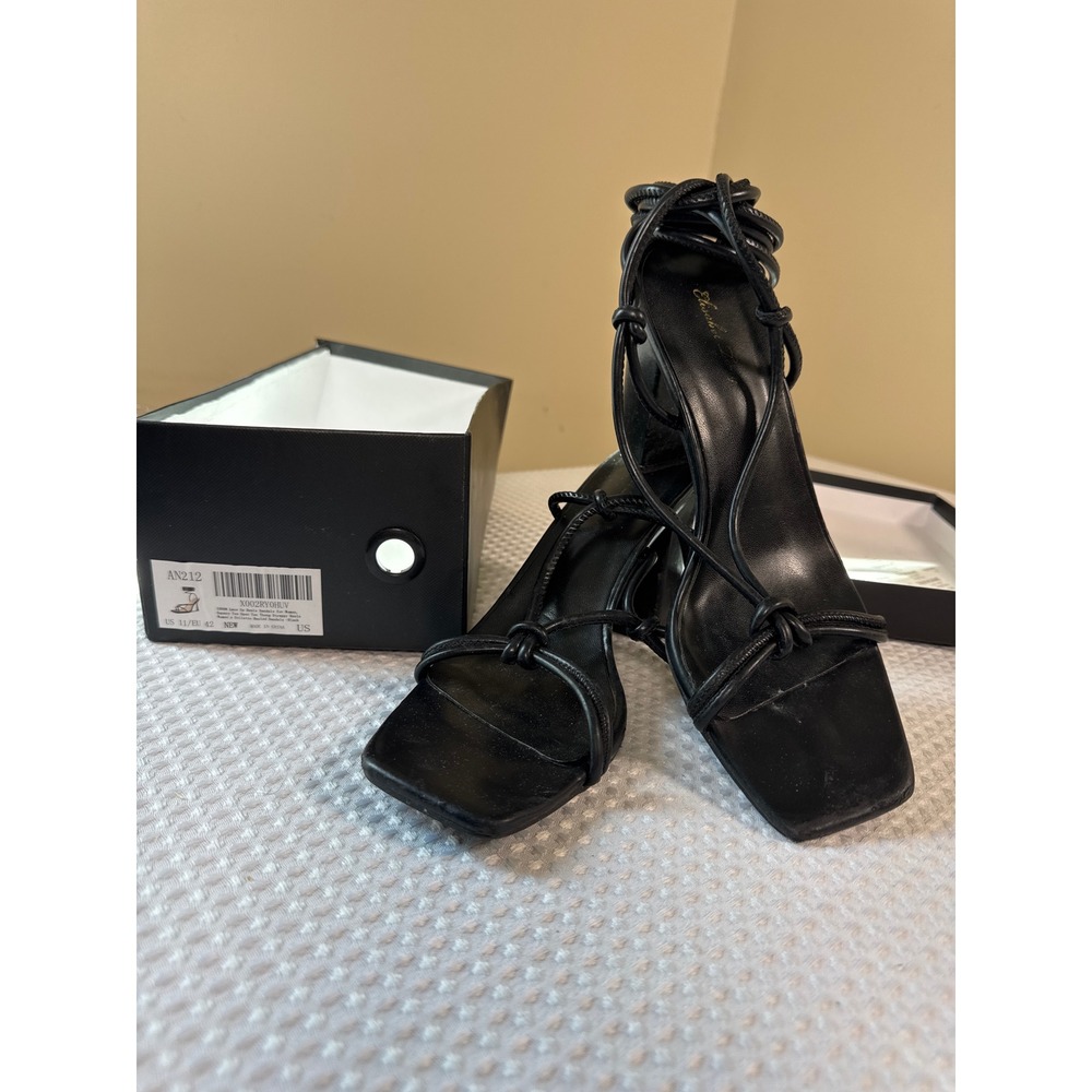 ISNOM Lace Up Heels Sandals Women 11 Square Toe Strappy Black EUC
